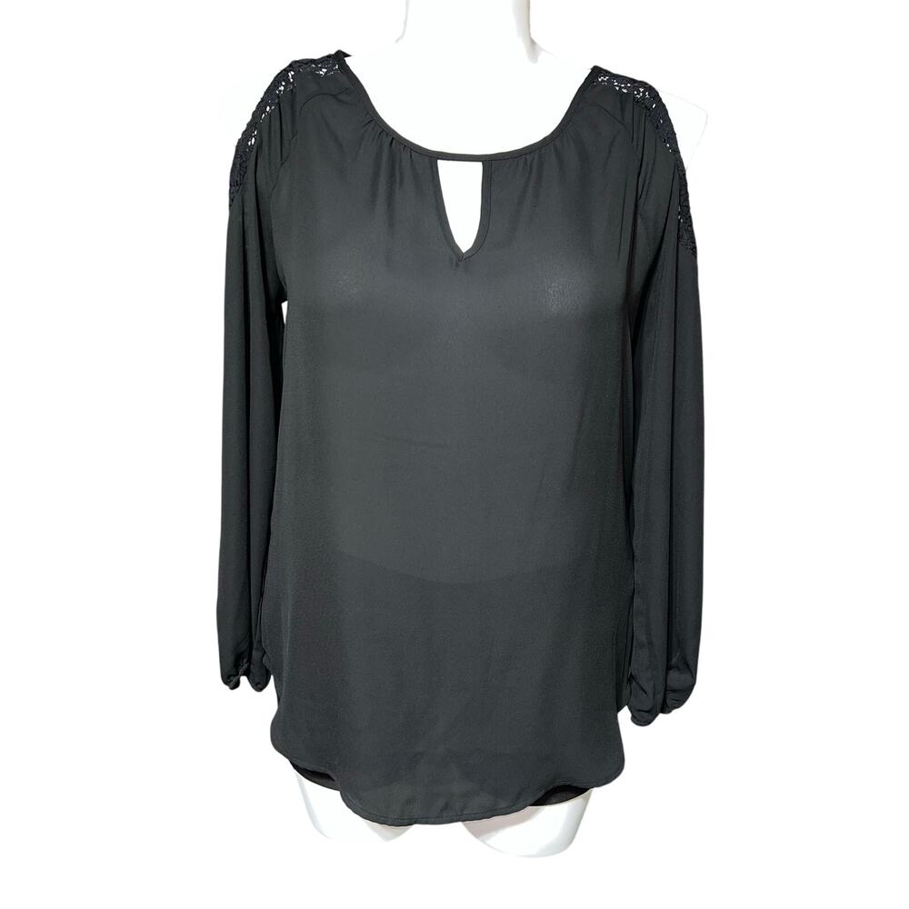 Faded Glory Womens Blouse Top Cold Shoulder Balloon Sleeve Lace Accent Large